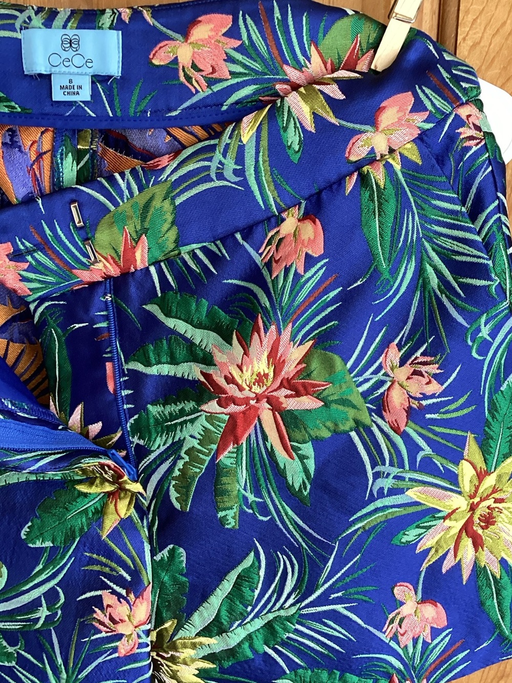 CeCe Royal Blue Floral Print Skirt with Orange Accents - Picture 4 of 8